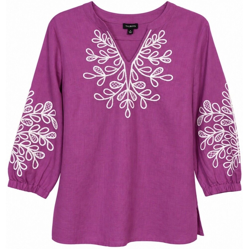 Talbots Linen Cotton Blouse Women’s S Purple Embroidered Coastal Chic Tunic